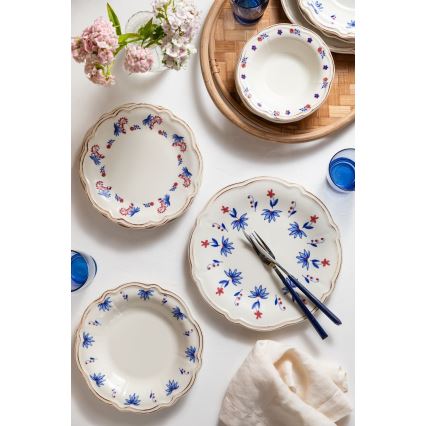 Conjunto de jantar 24 peças em porcelana branco/azul/vermelho