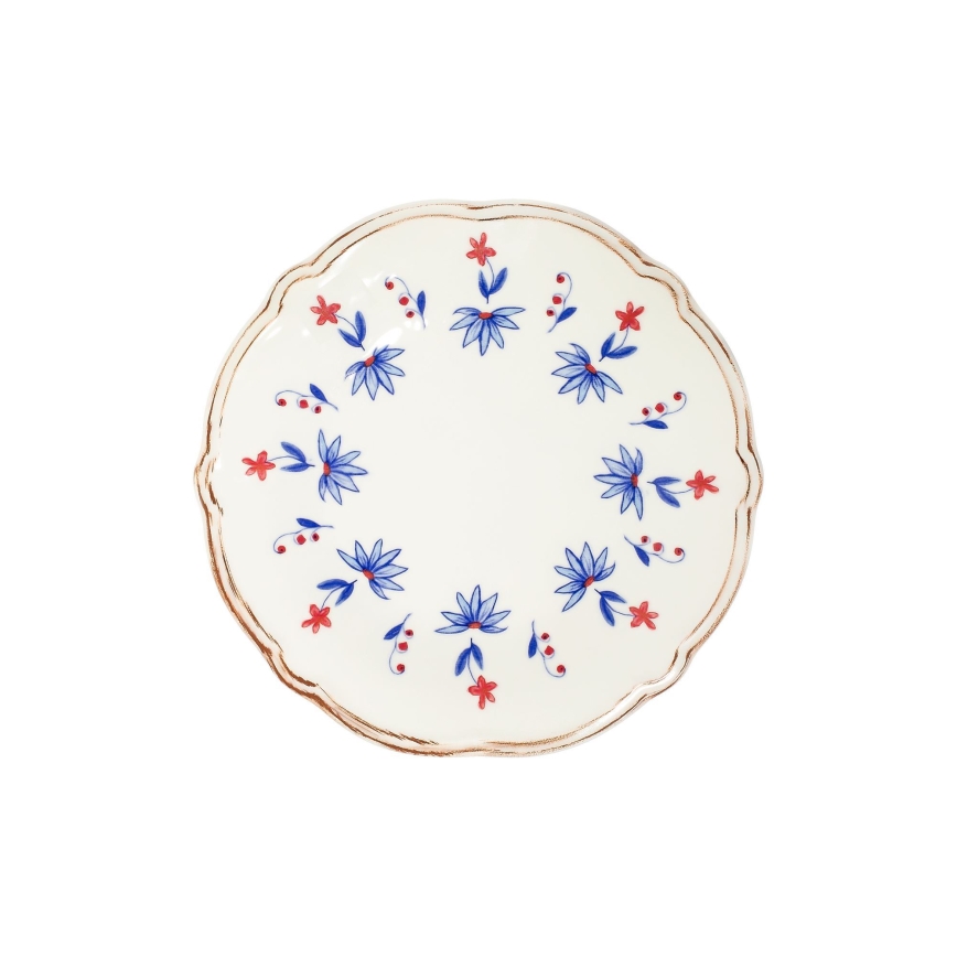 Conjunto de jantar 24 peças em porcelana branco/azul/vermelho