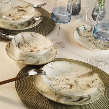 Conjunto de jantar 24 peças em porcelana, branco/castanho