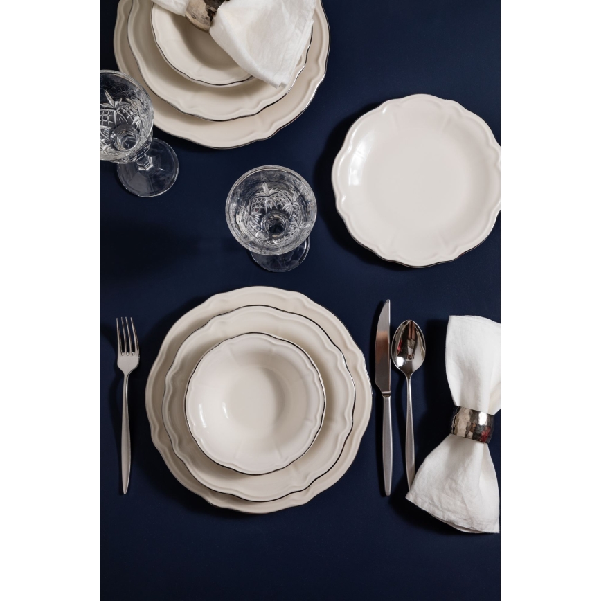 Conjunto de jantar 24 peças em porcelana, branco com detalhes prateados