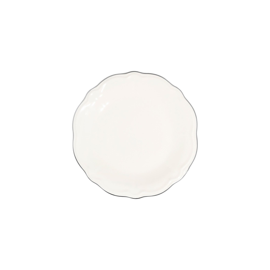 Conjunto de jantar 24 peças em porcelana, branco com detalhes prateados