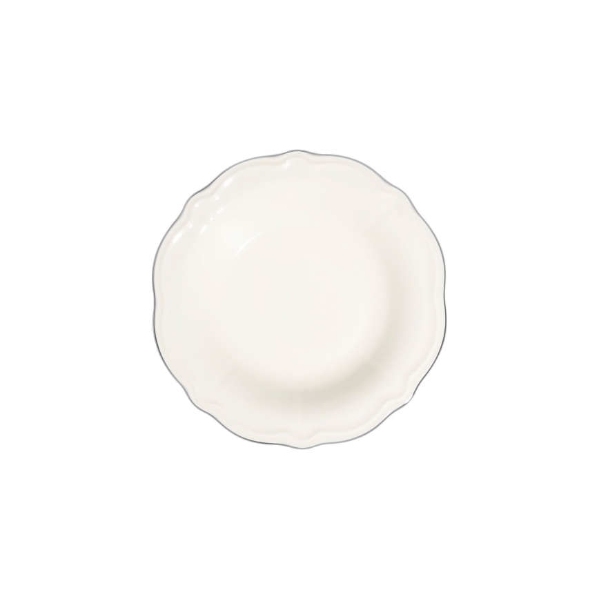 Conjunto de jantar 24 peças em porcelana, branco com detalhes prateados