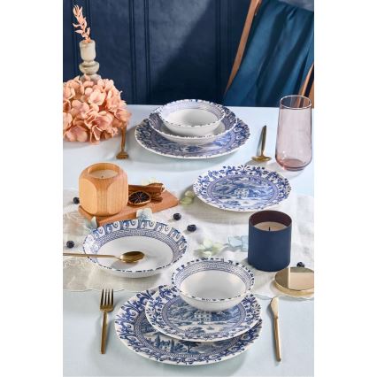 Conjunto de jantar 24 peças em porcelana, branco e azul
