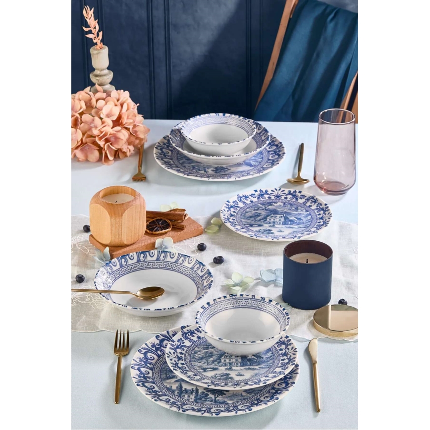 Conjunto de jantar 24 peças em porcelana, branco e azul