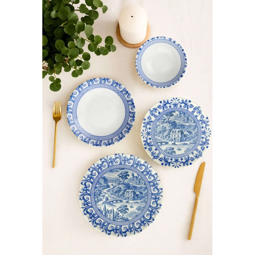 Conjunto de jantar 24 peças em porcelana, branco e azul