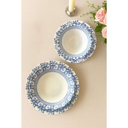 Conjunto de jantar 24 peças em porcelana, branco e azul