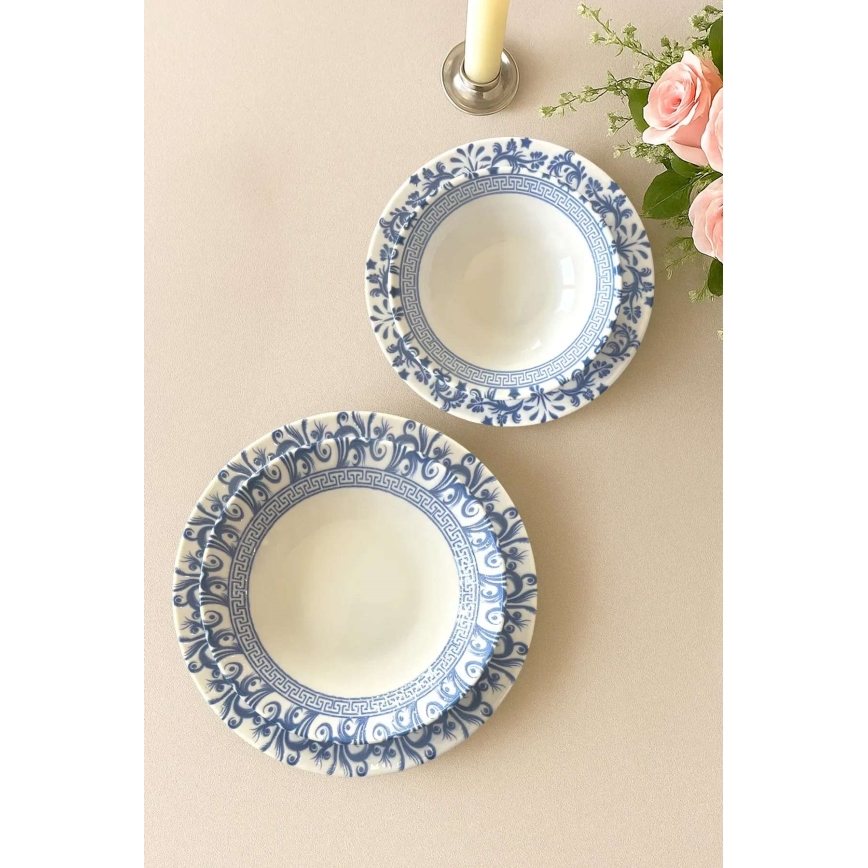 Conjunto de jantar 24 peças em porcelana, branco e azul