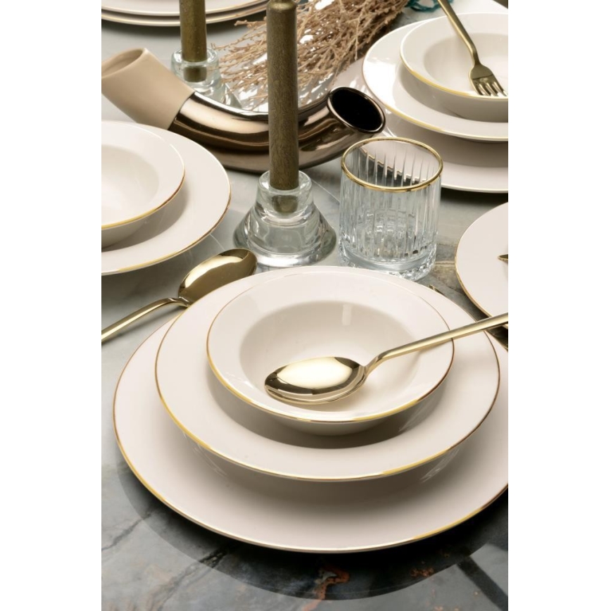 Conjunto de jantar 24 peças em porcelana, creme com detalhes dourados