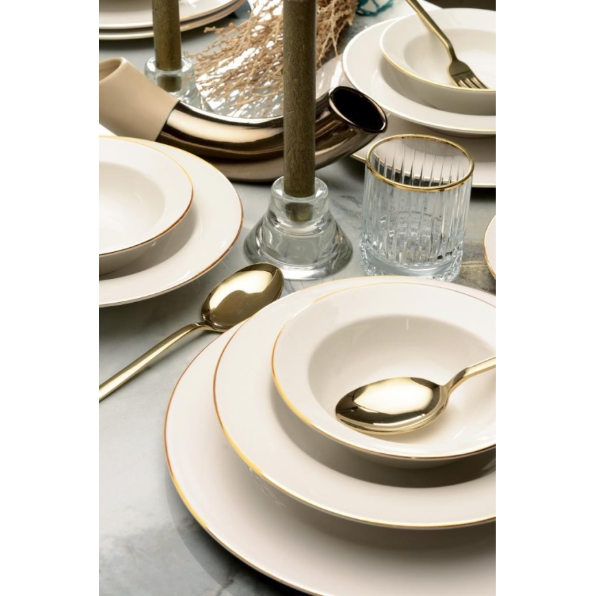 Conjunto de jantar 24 peças em porcelana, creme com detalhes dourados