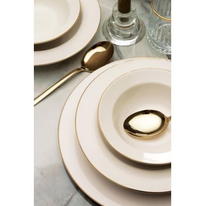 Conjunto de jantar 24 peças em porcelana, creme com detalhes dourados