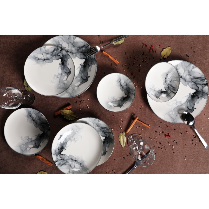Conjunto de jantar 24 peças em porcelana, disponível em branco e preto