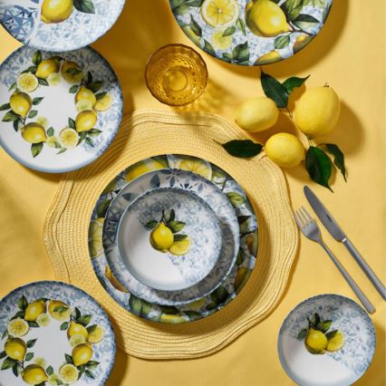 Conjunto de jantar 24 peças em porcelana — azul/amarelo/verde