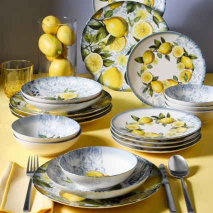 Conjunto de jantar 24 peças em porcelana — azul/amarelo/verde