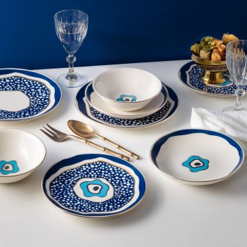 Conjunto de jantar 24 peças em porcelana — branco/azul/dourado