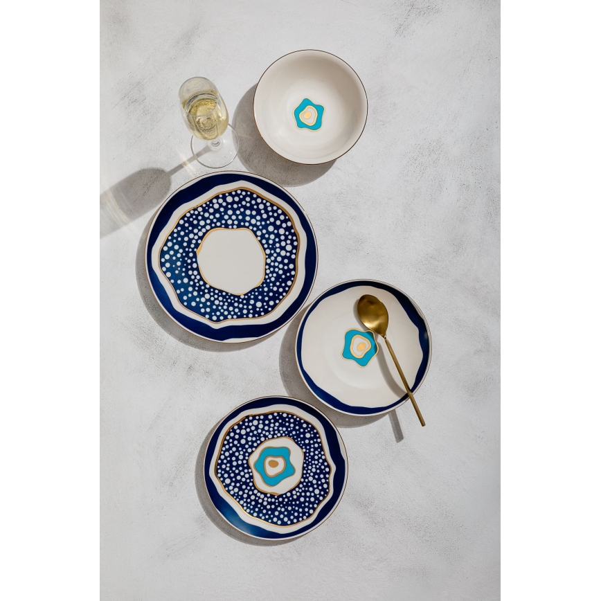 Conjunto de jantar 24 peças em porcelana — branco/azul/dourado