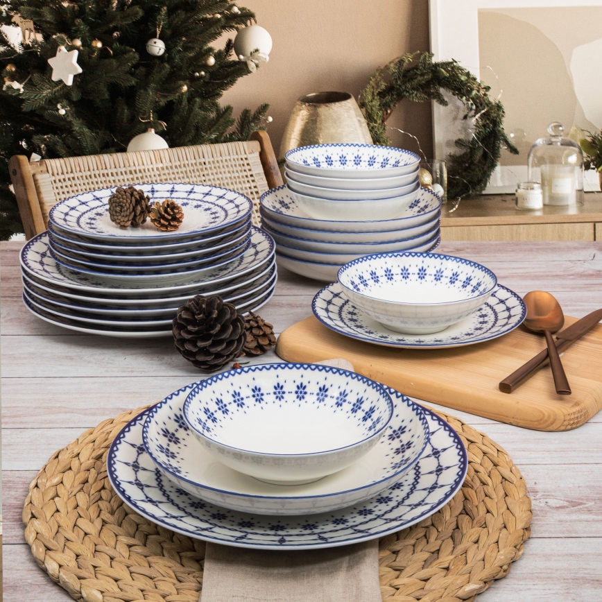 Conjunto de jantar 24 peças em porcelana — branco e azul
