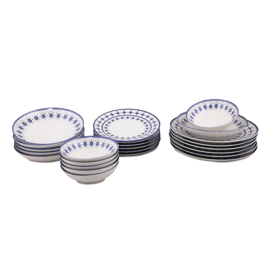 Conjunto de jantar 24 peças em porcelana — branco e azul