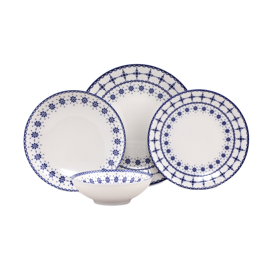 Conjunto de jantar 24 peças em porcelana — branco e azul