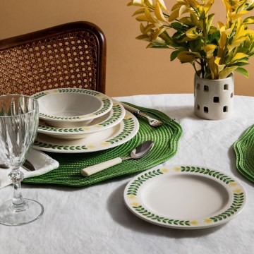 Conjunto de jantar 24 peças em porcelana — branco, verde e amarelo