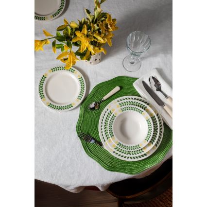 Conjunto de jantar 24 peças em porcelana — branco, verde e amarelo