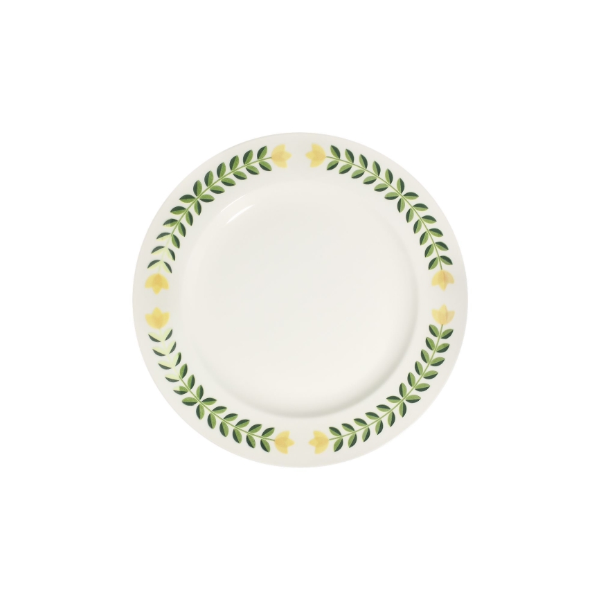 Conjunto de jantar 24 peças em porcelana — branco, verde e amarelo