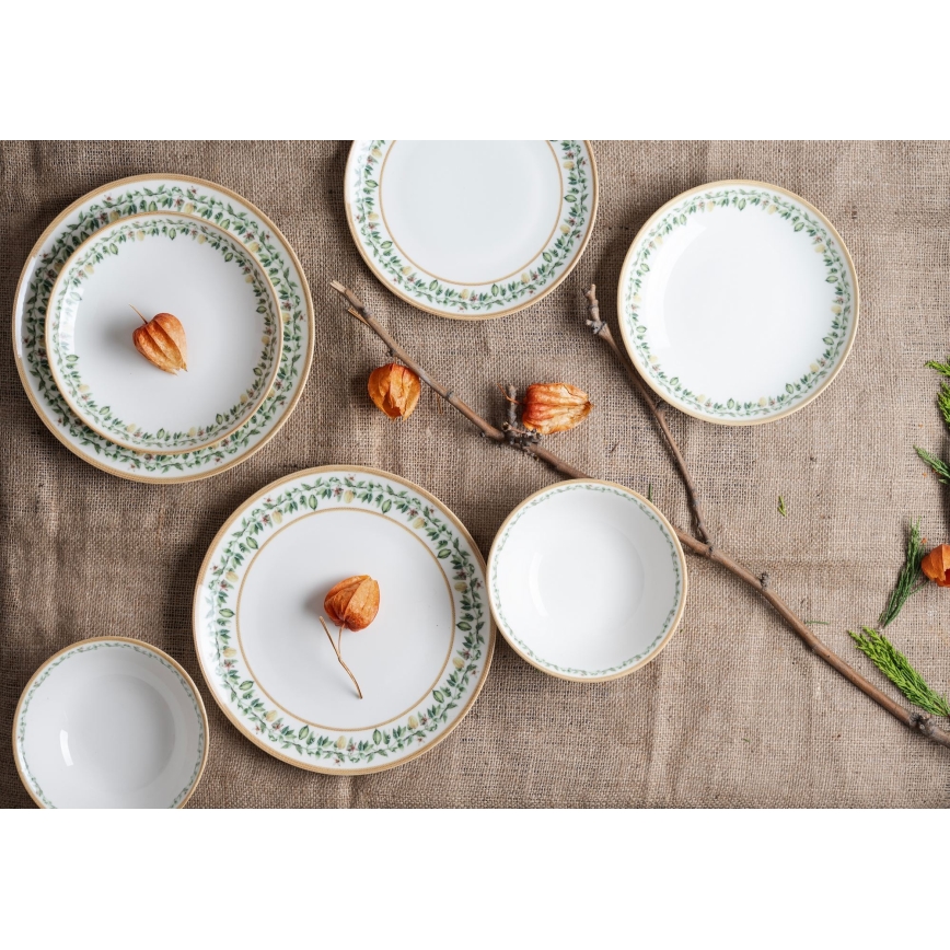 Conjunto de jantar 24 peças em porcelana — creme, bege e verde