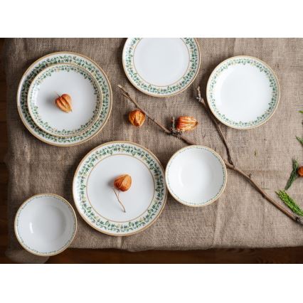 Conjunto de jantar 24 peças em porcelana — creme, bege e verde