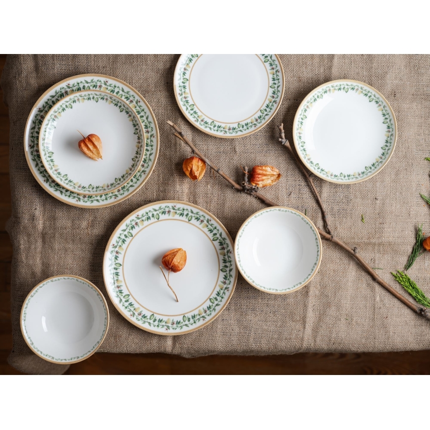 Conjunto de jantar 24 peças em porcelana — creme, bege e verde