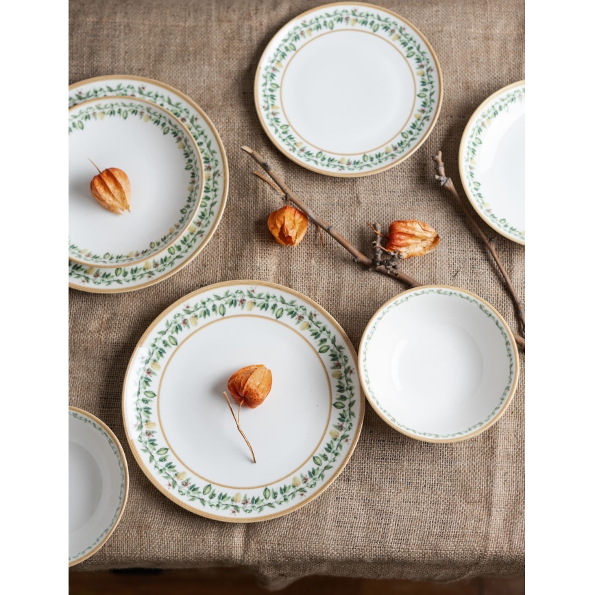 Conjunto de jantar 24 peças em porcelana — creme, bege e verde