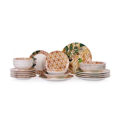 Conjunto de jantar 24 peças laranja/verde/cerâmica