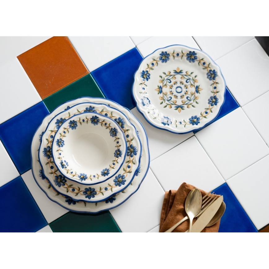 Conjunto de jantar 24 peças, porcelana, branco/azul/amarelo