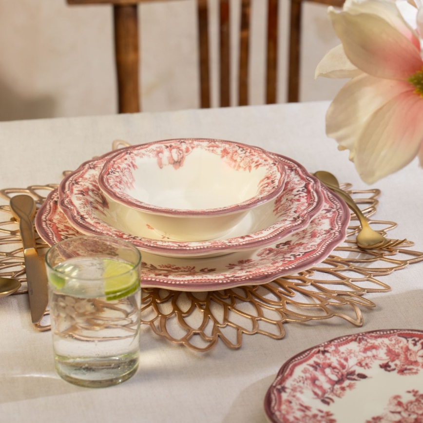 Conjunto de jantar 24 peças, porcelana, branco/rosa