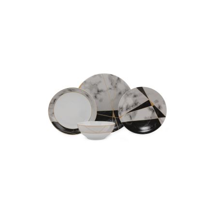 Conjunto de jantar 24 peças, porcelana, preto/branco/dourado