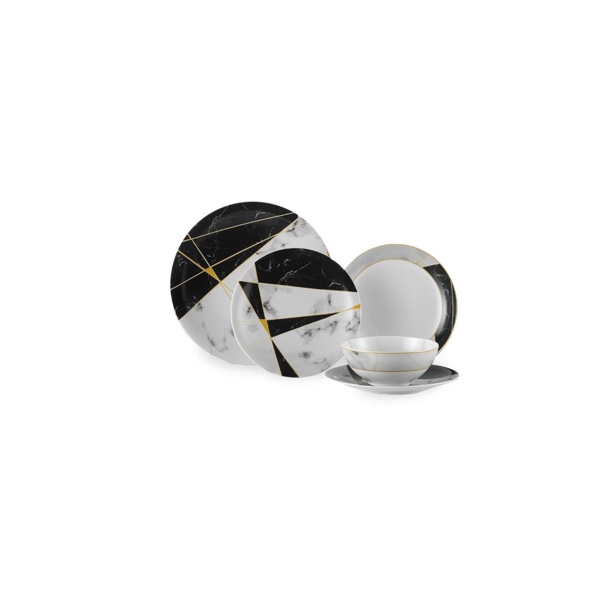 Conjunto de jantar 24 peças, porcelana, preto/branco/dourado