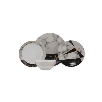 Conjunto de jantar 24 peças, porcelana, preto/branco/dourado