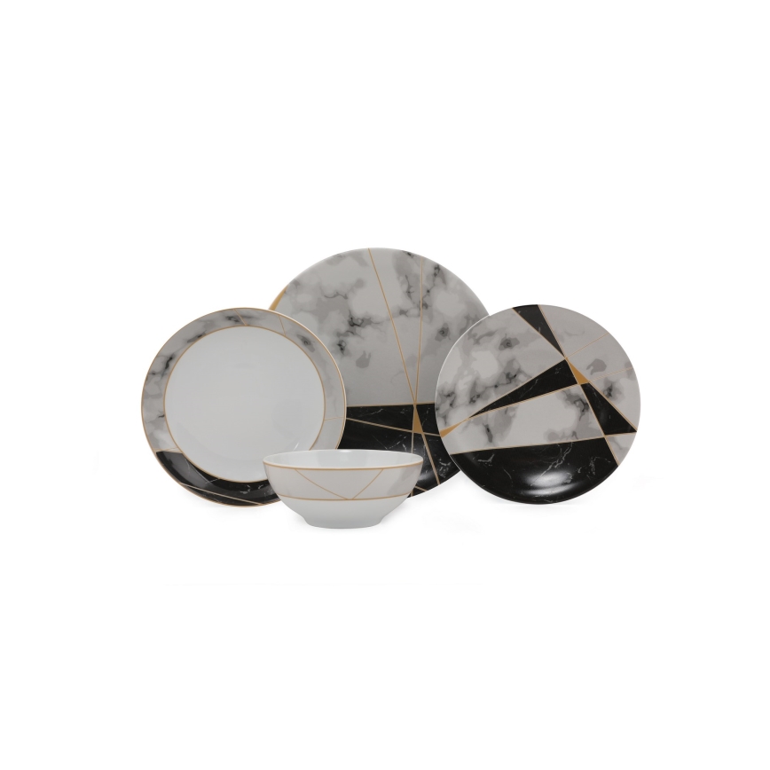 Conjunto de jantar 24 peças, porcelana, preto/branco/dourado