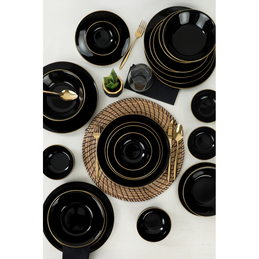 Conjunto de jantar 24 peças preto/dourado em grés
