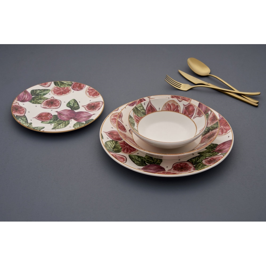 Conjunto de jantar 24 peças, vermelho/branco/verde, em cerâmica