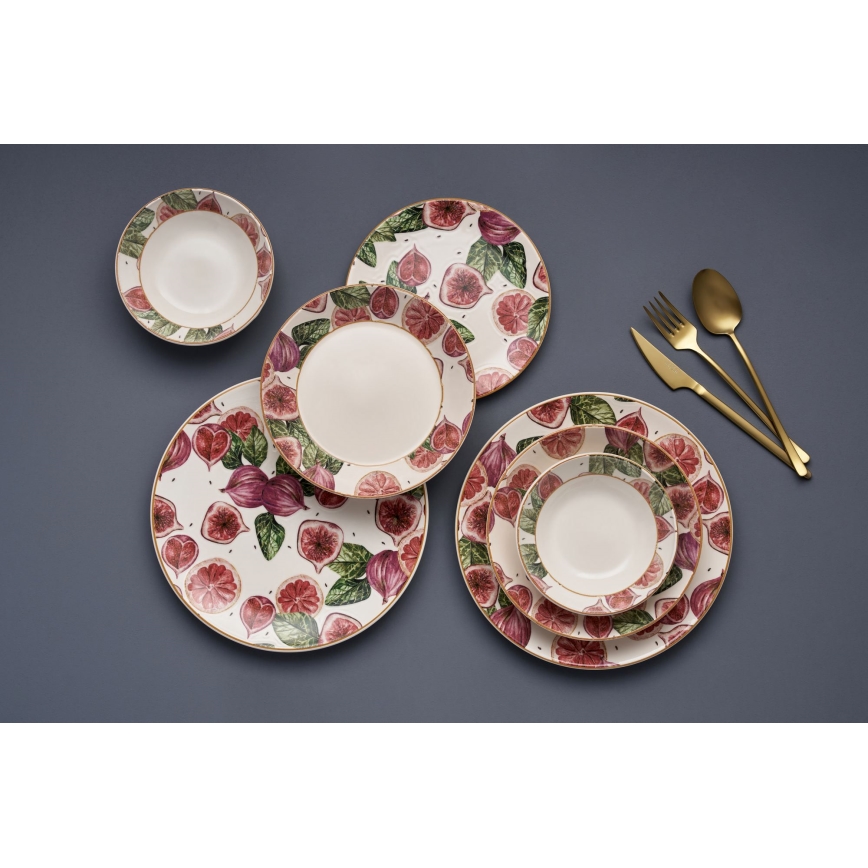 Conjunto de jantar 24 peças, vermelho/branco/verde, em cerâmica
