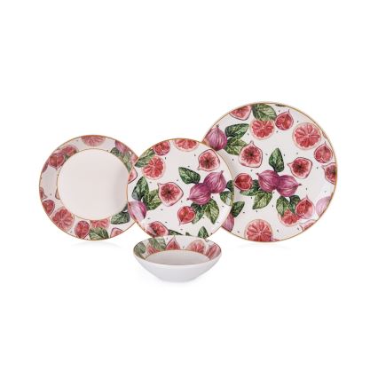 Conjunto de jantar 24 peças, vermelho/branco/verde, em cerâmica