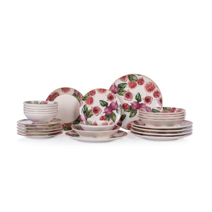 Conjunto de jantar 24 peças, vermelho/branco/verde, em cerâmica