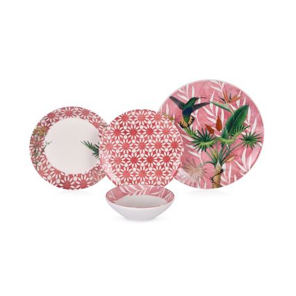 Conjunto de jantar 24 peças vermelho/verde/branco/cerâmica