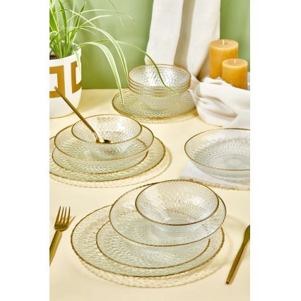 Conjunto de jantar 24 peças, vidro transparente com detalhes dourados