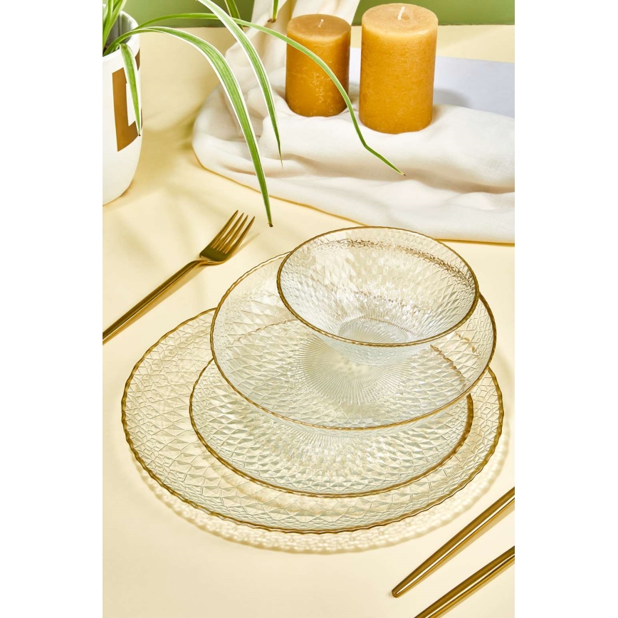 Conjunto de jantar 24 peças, vidro transparente com detalhes dourados