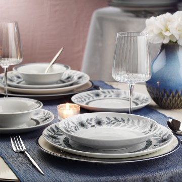 Conjunto de jantar 24 peças — porcelana branca/cinzenta