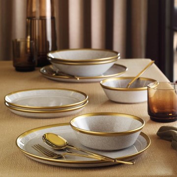 Conjunto de jantar 24 peças — porcelana cinzenta com detalhes dourados