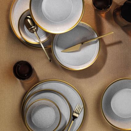 Conjunto de jantar 24 peças — porcelana cinzenta com detalhes dourados
