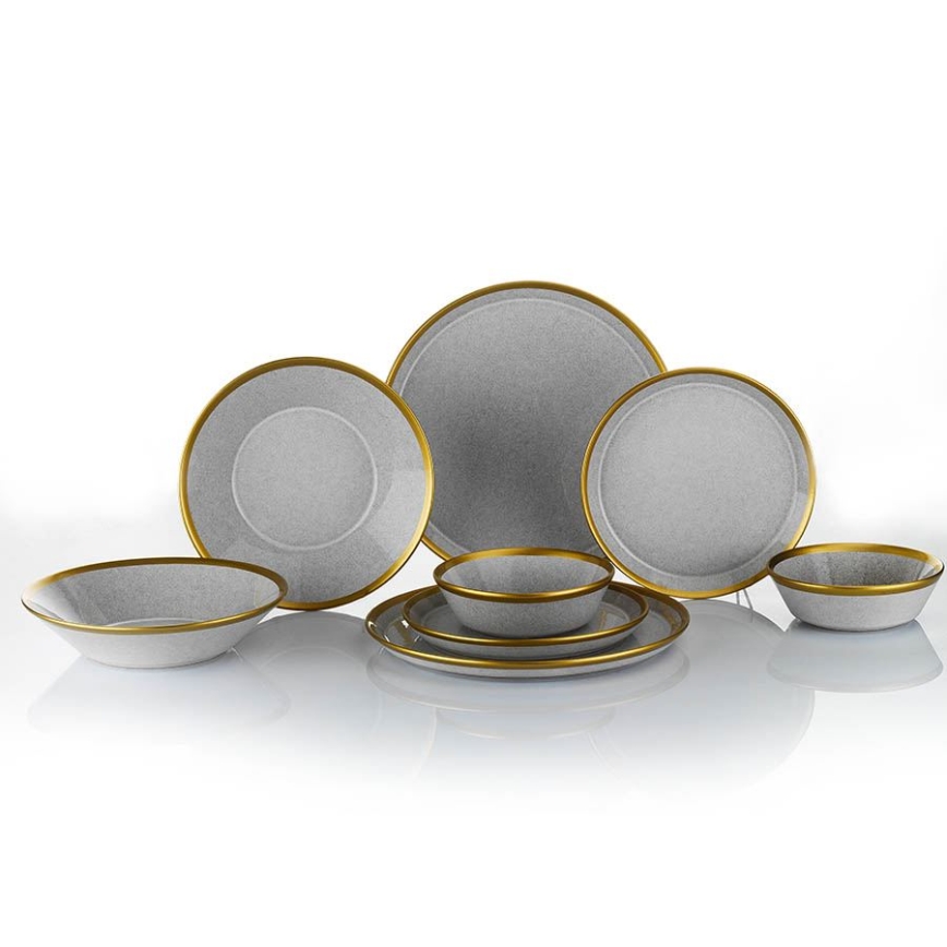 Conjunto de jantar 24 peças — porcelana cinzenta com detalhes dourados