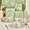 Conjunto de jantar 24 peças — vidro transparente com acabamento dourado