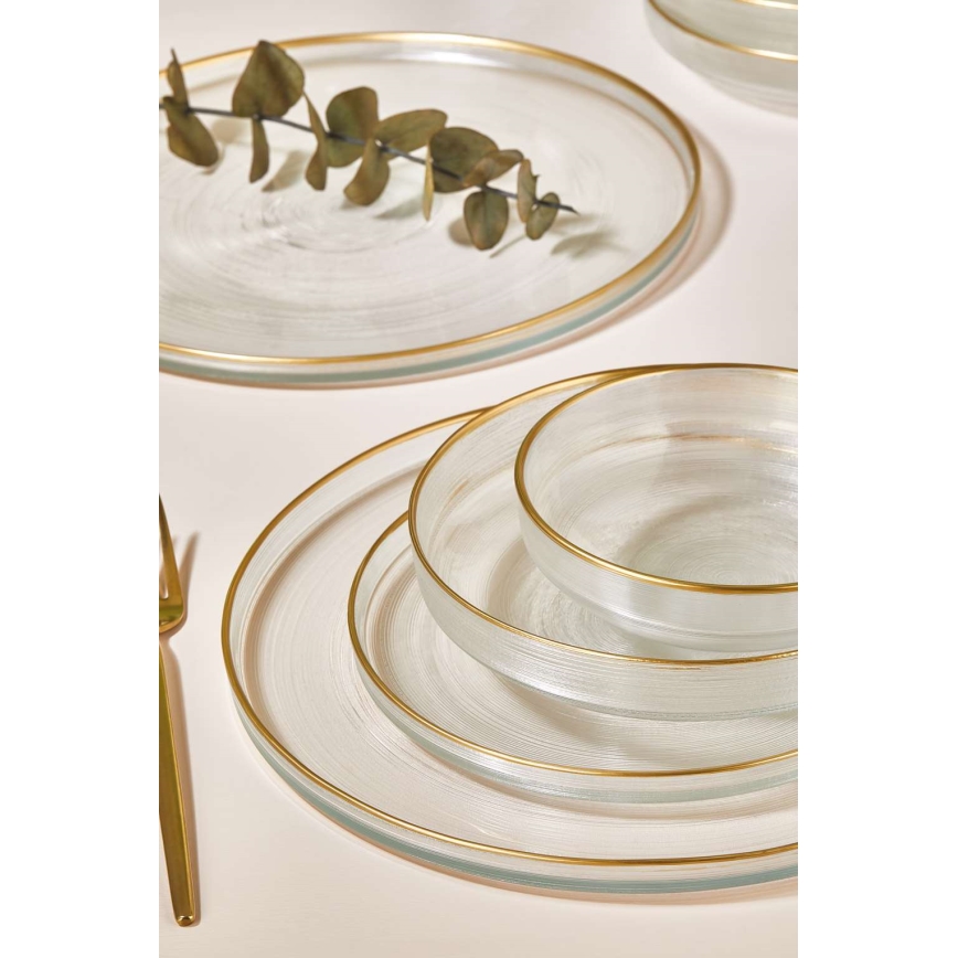 Conjunto de jantar 24 peças — vidro transparente com acabamento dourado